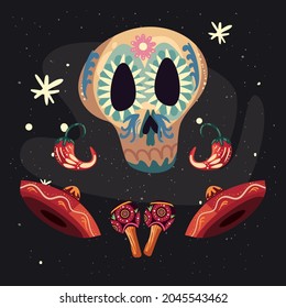 Mexican skull with hats and maracas on black background