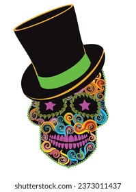 Mexican skull head with cylinder hat. Day of the dead and Halloween background