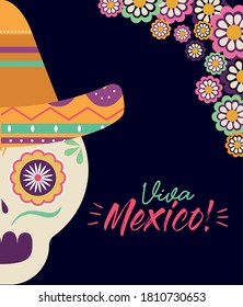Mexican skull head with hat and flowers design, Mexico culture tourism landmark latin and party theme Vector illustration