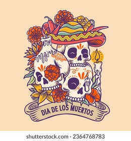 mexican skull head illustration with mexican flower