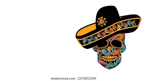 Mexican skull head with sombrero. Day of the dead and Halloween colorful background 
