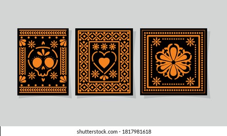 Corazón y flor del cráneo mexicano en el diseño de marcos, cultura mexicana turismo hispana y tema del partido Ilustración vectorial