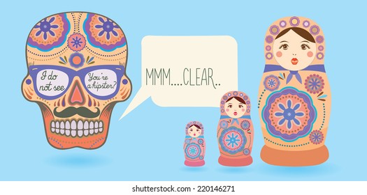 Mexican skull hipster and dolls. Vector illustration.