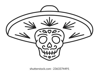 Mexican skull icon. Mariachi skeleton in a sombrero. The traditional decoration Calavera - a cute skull with flowers. Mexican Day of dead concept. Editable stroke, line thin icon.