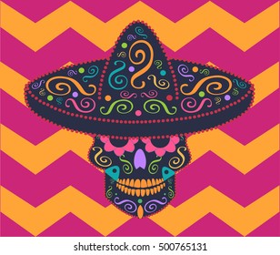 Mexican skull icon with sombrero and zig-zag background