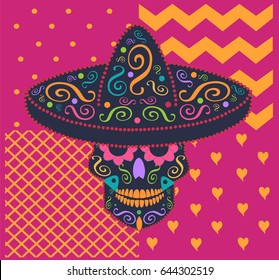 Mexican skull icon with sombrero, zig-zag background, hearts and dots