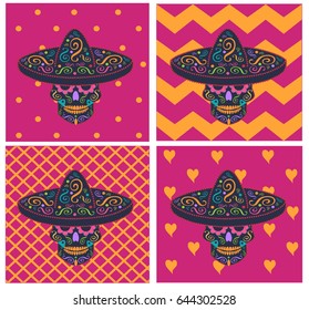 Mexican skull icon with sombrero, zig-zag background, hearts and dots