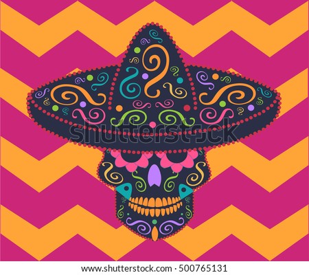 Mexican skull icon with sombrero and zig-zag background