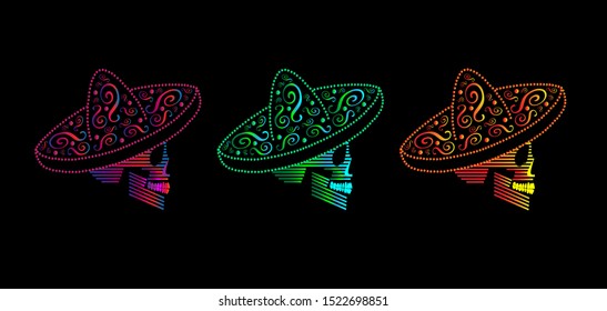 Mexican skull icons with sombrero neon colors