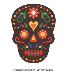 Mexican skull isolated. Dia de los muertos. Skull icon with color flowers, national ornament. Traditional festive element for decoration mexico party, holiday, Day of the dead. Vector illustration