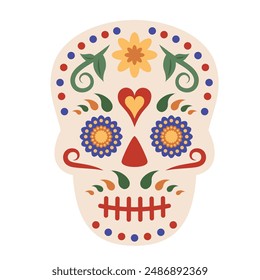 Mexican skull isolated on white background.  Dia de los muertos. Skull icon with color flowers, national ornament. Traditional festive element for decoration party, holiday, Day of the dead. Vector