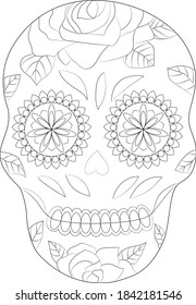 Mexican skull line art. Day of the dead vector illustration.