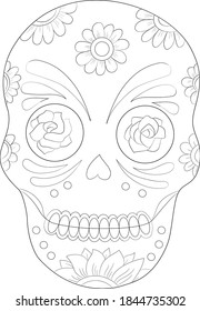 Mexican skull line art. Day of the dead vector illustration.