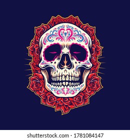 Mexican Skull Logo Mascot with Roses Illustrations for merchandise band and clothing line