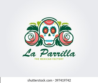 Mexican skull logo template. Vector illustration of Day of the Dead or Sugar Skulls, Mexican Skulls Logo, food, emblem, logo, insignia, sign, identity, logotype, poster.