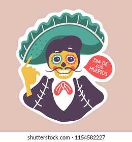 Mexican skull man with mustache. Man in green sombrero. Mexican day of dead. Vector cartoon illustration. Isolated. 