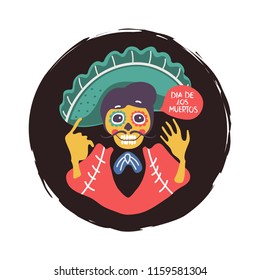 Mexican skull man with mustache. Man in green sombrero. Mexican day of dead. Vector cartoon illustration. Isolated. 