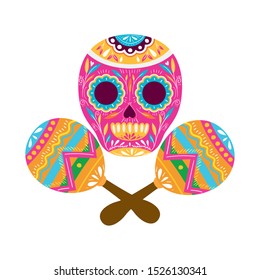 mexican skull with maraca isolated icon vector illustration design