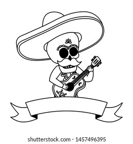 mexican skull mariachi playing guitar vector illustration design