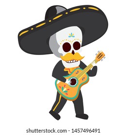 mexican skull mariachi playing guitar vector illustration design