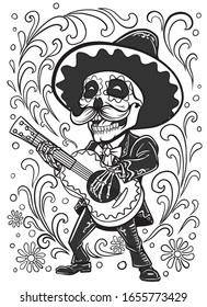 cráneo mexicano mariachi tocando ilustración vectorial de guitarra
