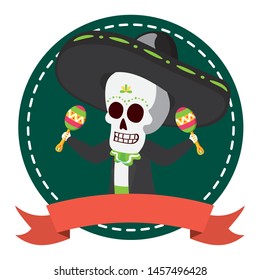 mexican skull mariachi playing maracas vector illustration design