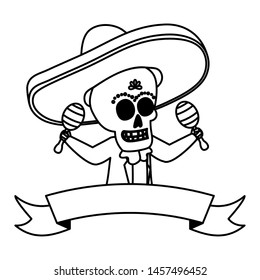 mexican skull mariachi playing maracas vector illustration design
