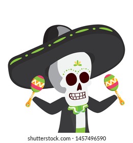 mexican skull mariachi playing maracas vector illustration design