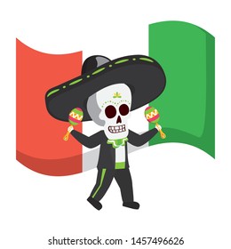 mexican skull mariachi playing maracas vector illustration design