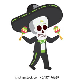 mexican skull mariachi playing maracas vector illustration design