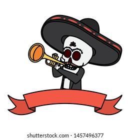 mexican skull mariachi playing trumpet vector illustration design
