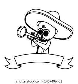 mexican skull mariachi playing trumpet vector illustration design