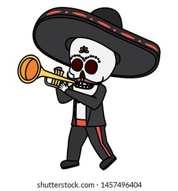 mexican skull mariachi playing trumpet vector illustration design