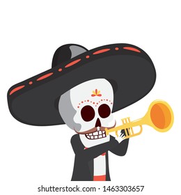 mexican skull mariachi playing trumpet vector illustration design