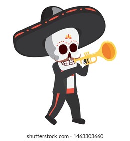 mexican skull mariachi playing trumpet vector illustration design