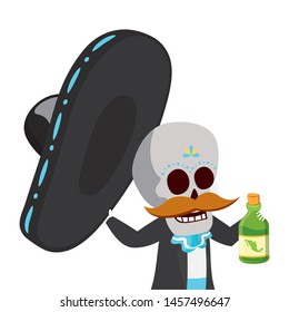 mexican skull mariachi with tequila bottle vector illustration design