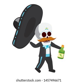 mexican skull mariachi with tequila bottle vector illustration design