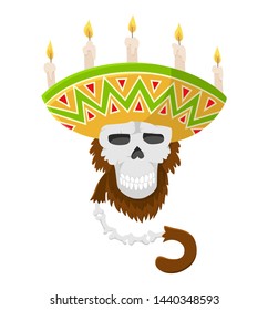 Mexican skull monkey in sombrero with candles. Gorilla monkey skull, colored vector. Primate logo.