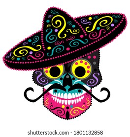 Mexican skull with mustache and sombrero, Day of the dead vector background