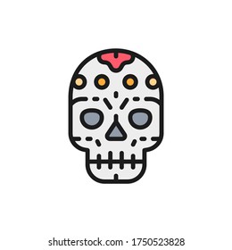 Mexican skull, santa muerte mask, Day of the Dead flat color line icon.