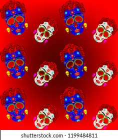 Mexican skull seamless pattern, Calavera with flowers. Decoration for Day of the Dead, Dia de los Muertos. Halloween poster background, greeting card or t-shirt design. Frida style. Set vector skulls 