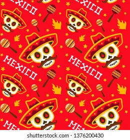 Mexican skull seamless pattern with sombrero hat, maracas. Day of the Dead