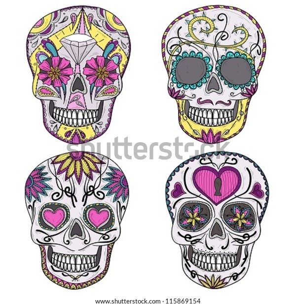 Mexican Skull Set Colorful Skulls Sugar Stock Vector (Royalty Free ...