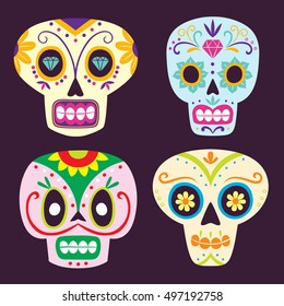 Mexican skull set. Cute colorful sugar skulls in cartoon style. Vector Illustration.