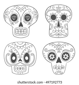 Mexican skull set. Cute single line sugar skulls in cartoon style. Vector Illustration.