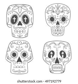 Mexican skull set. Cute single line sugar skulls in cartoon style. Vector Illustration.