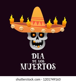 Mexican skull with sombrero and candles on a dark background day of the dead vector