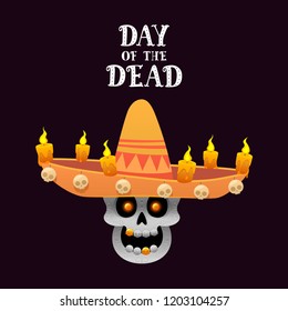 Mexican skull with sombrero and candles on a dark background day of the dead vector