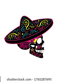 Mexican skull with sombrero, Colorful Day of the dead ornament and detailed vivid colors vector background.