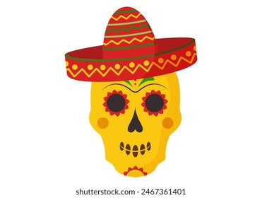 Mexican skull in sombrero, cute dead head, cartoon male skeleton. Spanish traditional carnival. Latin holiday icon isolated on white background. Celebration vector illustration